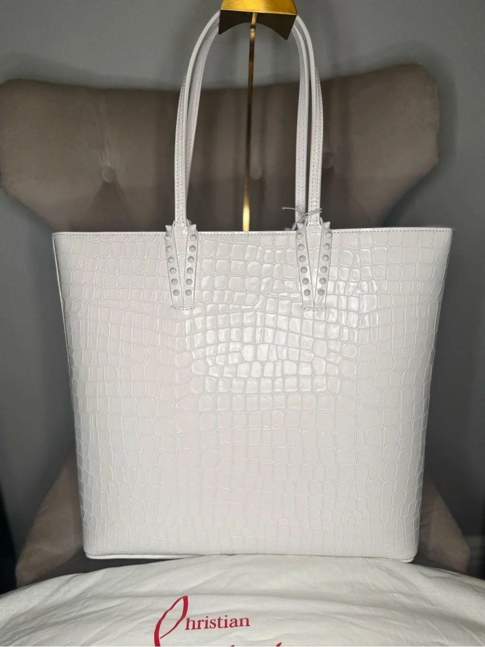 Christian Louboutin White Croc-Embossed Leather Tote